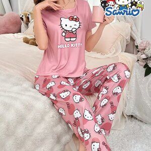 Hello Kitty Women's Set Cartoon Print Round Neck Short Sleeve Top & Long Pants